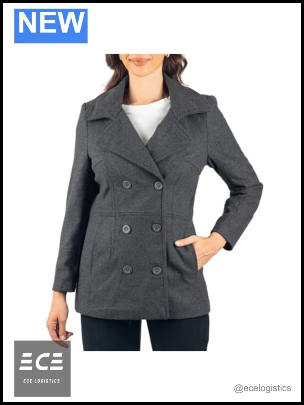Wool Blend Peacoat Double-Breasted 3/4 Length Notch Collar Fitted Overcoat